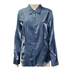 Satin Button-Up Shirt | Dark Blue | Glossy Finish | Long Sleeve